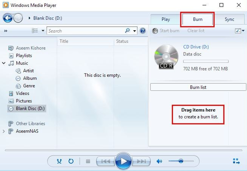 Windows media Player Burn